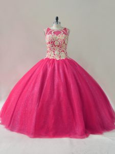 Scoop Sleeveless Quinceanera Gown Floor Length Appliques Hot Pink Tulle