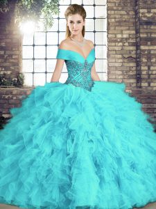 On Sale Aqua Blue Tulle Lace Up Sweet 16 Quinceanera Dress Sleeveless Floor Length Beading and Ruffles