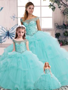 Aqua Blue 15 Quinceanera Dress Military Ball and Sweet 16 and Quinceanera with Beading and Ruffles Off The Shoulder Sleeveless Lace Up