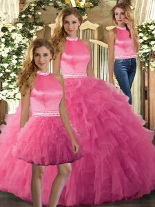 Customized Halter Top Sleeveless 15 Quinceanera Dress Floor Length Ruffles Hot Pink Tulle