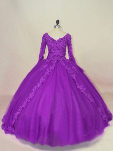 Long Sleeves Tulle Floor Length Lace Up Quinceanera Dresses in Purple with Appliques
