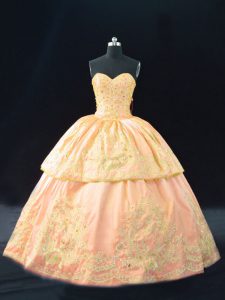 Adorable Peach Sleeveless Floor Length Appliques Lace Up Quinceanera Gown