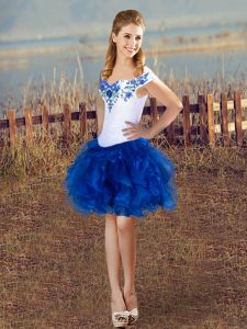 Best Blue And White Lace Up Prom Dresses Embroidery and Ruffles Sleeveless Mini Length