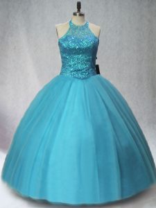 Teal Quinceanera Gown Sweet 16 and Quinceanera with Beading Halter Top Sleeveless Lace Up