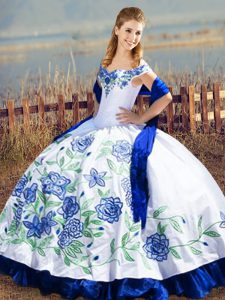Nice Blue And White Sleeveless Satin and Organza Lace Up Quinceanera Dress for Sweet 16 and Quinceanera