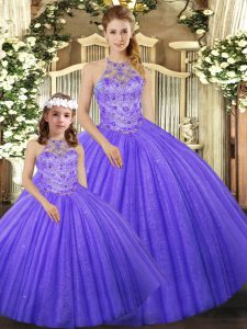Ball Gowns Ball Gown Prom Dress Lavender Halter Top Tulle Sleeveless Floor Length Lace Up