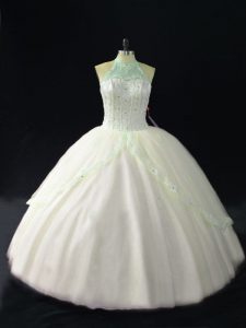 Eye-catching White Lace Up Quince Ball Gowns Beading Sleeveless Floor Length