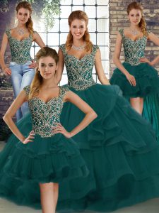 Tulle Straps Sleeveless Lace Up Beading and Ruffles Quinceanera Dress in Peacock Green