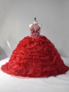 Adorable Wine Red Organza Lace Up Halter Top Sleeveless Quinceanera Gowns Court Train Beading and Pick Ups