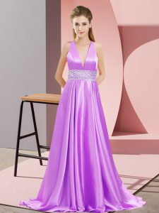 Best Lavender Backless Prom Evening Gown Beading Sleeveless Brush Train