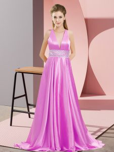 Lilac Homecoming Dress Prom and Party with Beading V-neck Sleeveless Brush Train Backless