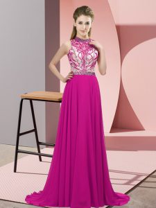 Luxury Fuchsia Chiffon Backless Prom Dresses Sleeveless Brush Train Beading