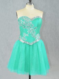 Turquoise Tulle Lace Up Prom Party Dress Sleeveless Mini Length Beading