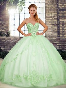 Fitting Apple Green 15th Birthday Dress Military Ball and Sweet 16 and Quinceanera with Beading and Embroidery Sweetheart Sleeveless Lace Up