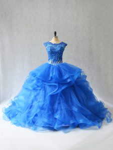 Great Brush Train Ball Gowns Sweet 16 Quinceanera Dress Royal Blue Scoop Tulle Sleeveless Lace Up