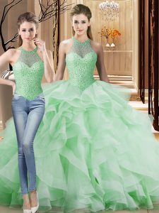 Exceptional Apple Green Two Pieces Halter Top Sleeveless Organza Brush Train Lace Up Beading and Ruffles Quinceanera Dress