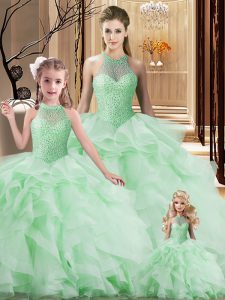 Low Price Apple Green Organza Lace Up Sweet 16 Quinceanera Dress Sleeveless Brush Train Beading and Ruffles