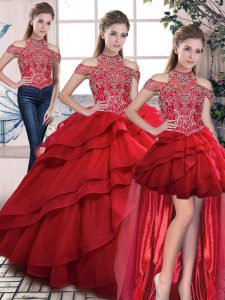 Fitting Beading and Ruffles Sweet 16 Dresses Red Lace Up Sleeveless