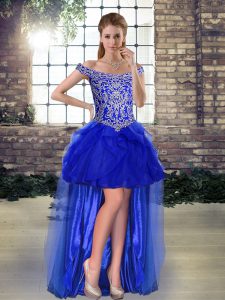 Inexpensive Sleeveless High Low Beading and Ruffles Lace Up Prom Evening Gown with Royal Blue