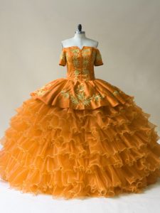 Gold Ball Gowns Off The Shoulder Sleeveless Organza Floor Length Lace Up Embroidery and Ruffled Layers Quinceanera Gowns