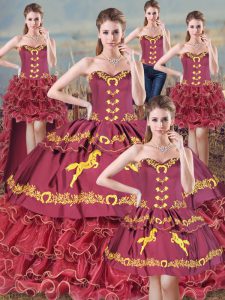 Burgundy Sweetheart Neckline Embroidery and Ruffles Sweet 16 Dress Sleeveless Lace Up