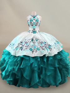 Teal Organza Lace Up 15th Birthday Dress Sleeveless Floor Length Embroidery and Ruffles