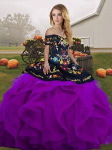 Graceful Floor Length Lace Up Quinceanera Dresses Black And Purple for Military Ball and Sweet 16 and Quinceanera with Embroidery and Ruffles