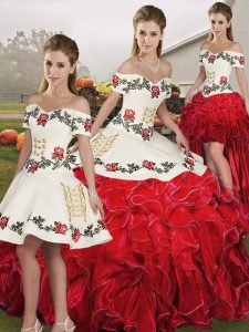 Ideal White And Red Sleeveless Embroidery and Ruffles Floor Length Sweet 16 Dresses