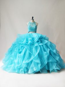 Aqua Blue Halter Top Lace Up Beading and Ruffles Ball Gown Prom Dress Sleeveless