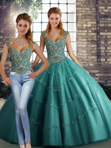 Great Teal Two Pieces Straps Sleeveless Tulle Floor Length Lace Up Beading and Appliques Quinceanera Gowns