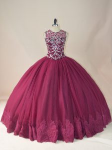 Extravagant Burgundy Long Sleeves Beading and Appliques Floor Length Ball Gown Prom Dress