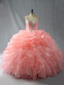 Beautiful Peach Zipper Straps Beading and Ruffles and Pick Ups Quinceanera Dress Organza Sleeveless