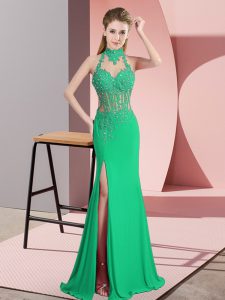 Halter Top Sleeveless Chiffon Prom Evening Gown Beading and Lace and Appliques Backless