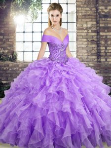 Romantic Brush Train Ball Gowns Ball Gown Prom Dress Lavender Off The Shoulder Organza Sleeveless Lace Up
