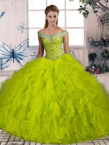 Sleeveless Brush Train Lace Up Beading and Ruffles Vestidos de Quinceanera