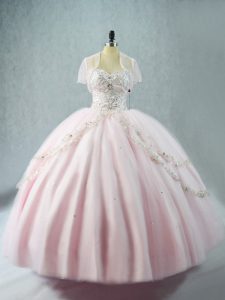 Simple Beading Quince Ball Gowns Pink Lace Up Sleeveless Floor Length