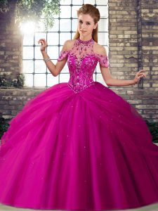 Fuchsia Sleeveless Beading and Pick Ups Lace Up Quinceanera Gown
