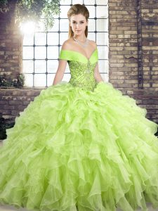 Delicate Yellow Green Sleeveless Organza Brush Train Lace Up Quinceanera Gowns for Military Ball and Sweet 16 and Quinceanera