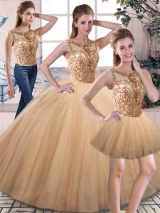 Stylish Floor Length Ball Gowns Sleeveless Gold Sweet 16 Dresses Lace Up