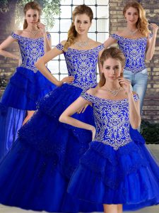 Royal Blue Ball Gowns Tulle Off The Shoulder Sleeveless Beading and Lace Lace Up 15th Birthday Dress Brush Train