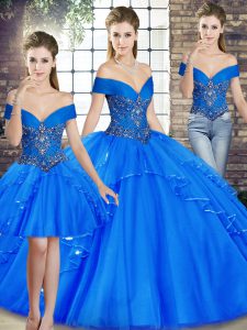 Royal Blue Three Pieces Beading and Ruffles Sweet 16 Quinceanera Dress Lace Up Tulle Sleeveless Floor Length