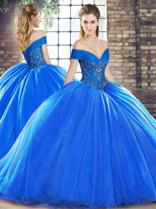 Beading 15 Quinceanera Dress Royal Blue Lace Up Sleeveless Brush Train