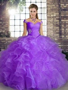 Lavender Organza Lace Up Off The Shoulder Sleeveless Floor Length Quinceanera Dress Beading and Ruffles