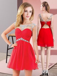 A-line Evening Gowns Red Scoop Chiffon Sleeveless Mini Length Backless