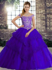 Superior Purple Lace Up Off The Shoulder Beading and Lace 15th Birthday Dress Tulle Sleeveless Brush Train