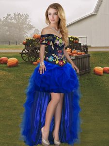 Romantic Royal Blue Prom Evening Gown Prom and Party with Embroidery and Ruffles Off The Shoulder Sleeveless Lace Up