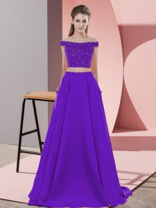 Delicate Elastic Woven Satin Off The Shoulder Sleeveless Sweep Train Backless Beading Prom Party Dress in Purple