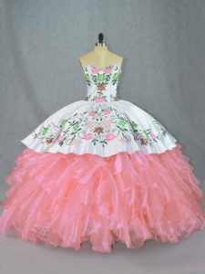 Sweetheart Sleeveless Organza Ball Gown Prom Dress Embroidery and Ruffles Lace Up