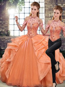 New Style Orange Sleeveless Beading and Ruffles Floor Length Quince Ball Gowns