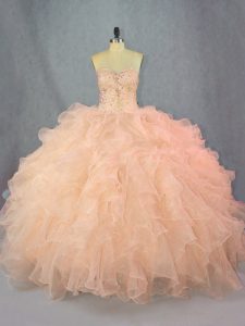 Beautiful Ball Gowns Vestidos de Quinceanera Peach Sweetheart Organza Sleeveless Floor Length Lace Up